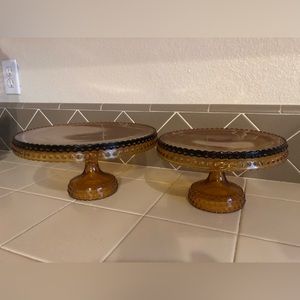 Vintage LE SMITH vintage hob nail amber glass cake pedestal stand set of 2